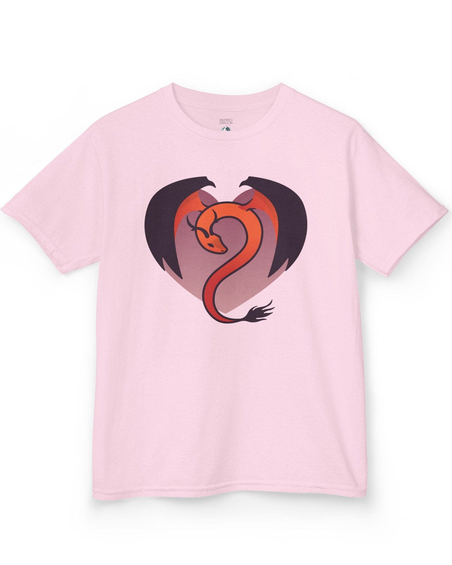 Dragon Heart shirt in light pink, featuring a minimalist red and purple dragon curled into the shape of a heart.