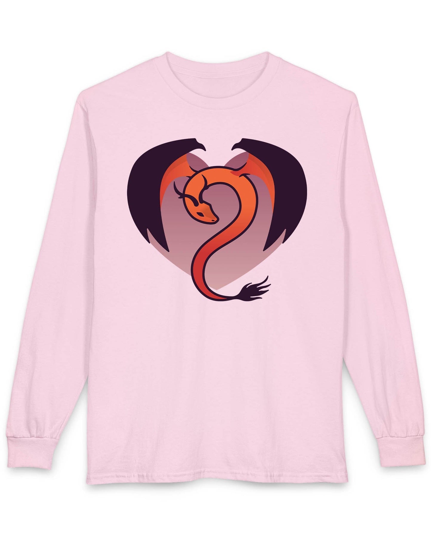 Dragon Heart shirt in light pink, featuring a minimalist red and purple dragon curled into the shape of a heart.