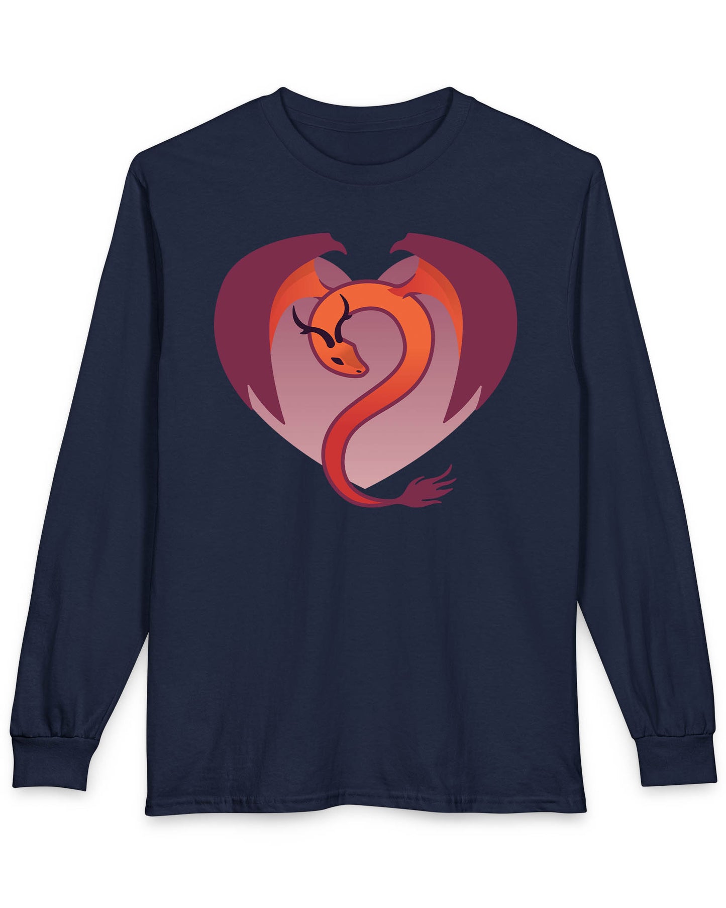 Dragon Heart shirt in navy, featuring a minimalist red and purple dragon curled into the shape of a heart.