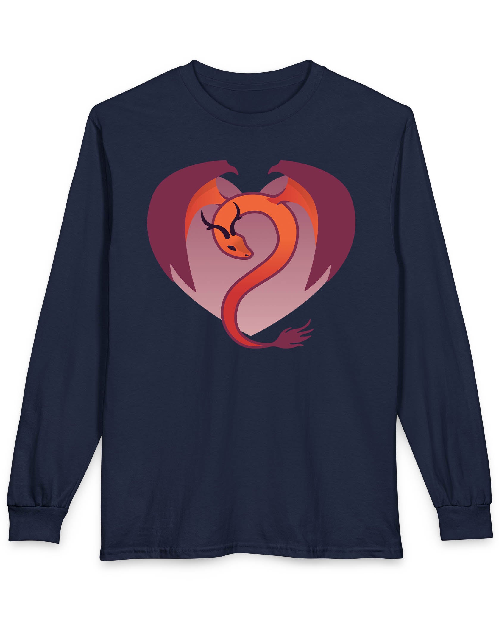 Dragon Heart shirt in navy, featuring a minimalist red and purple dragon curled into the shape of a heart.