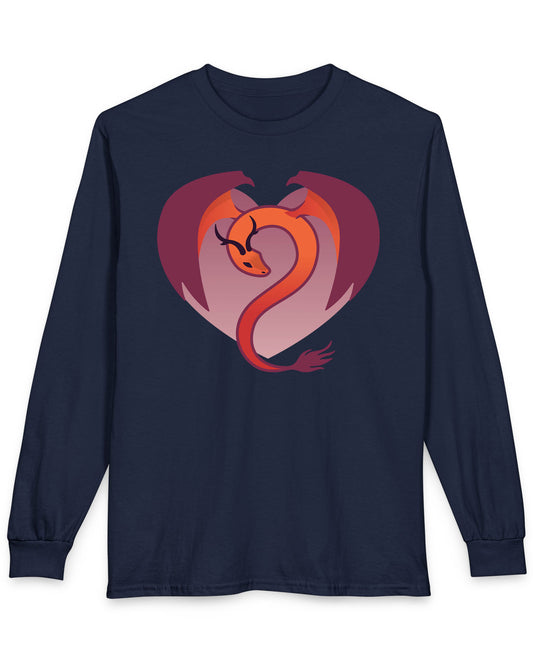 Dragon Heart shirt in navy, featuring a minimalist red and purple dragon curled into the shape of a heart.