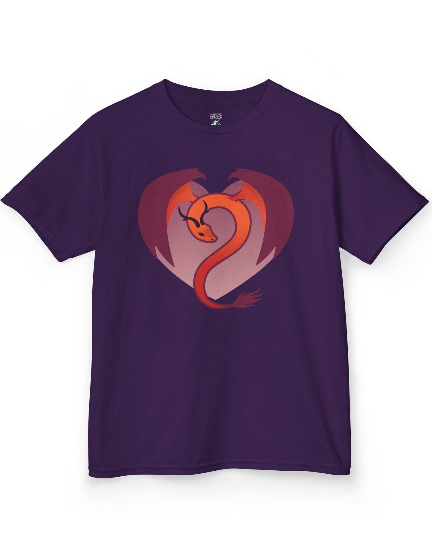 Dragon Heart shirt in purple, featuring a minimalist red and purple dragon curled into the shape of a heart.