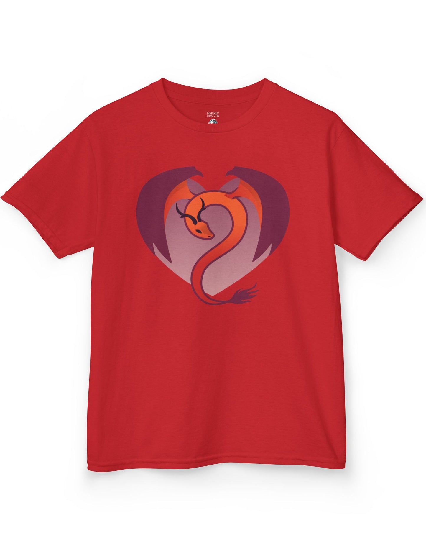 Dragon Heart shirt in red, featuring a minimalist red and purple dragon curled into the shape of a heart.