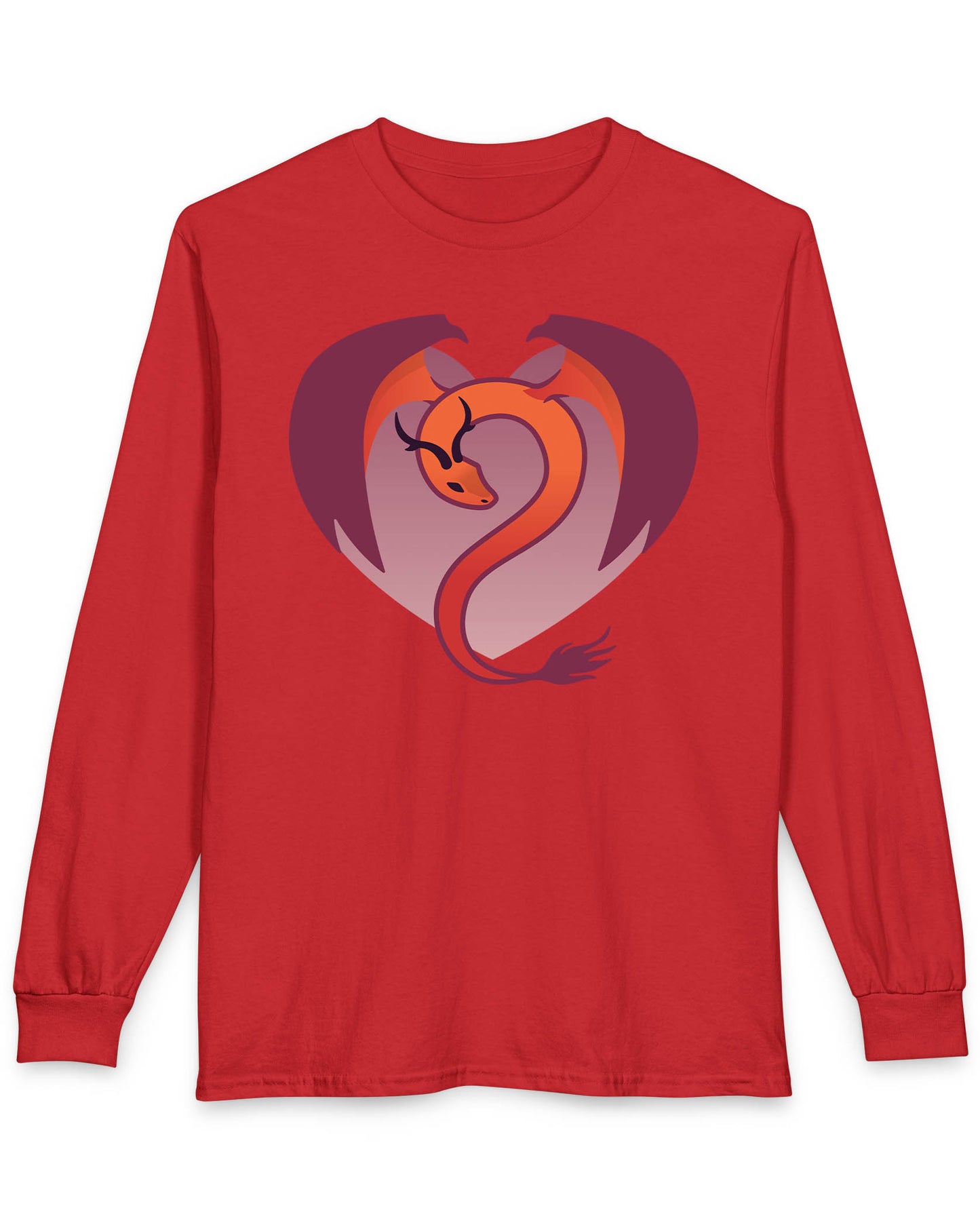 Dragon Heart shirt in red, featuring a minimalist red and purple dragon curled into the shape of a heart.