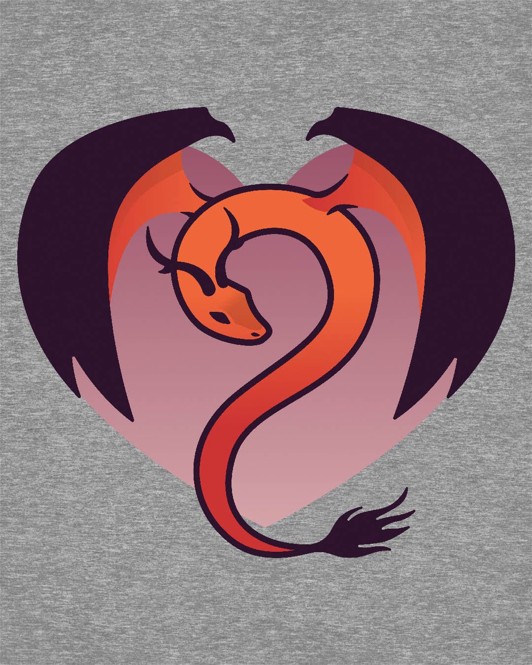 Dragon Heart shirt in sport grey, featuring a minimalist red and purple dragon curled into the shape of a heart.