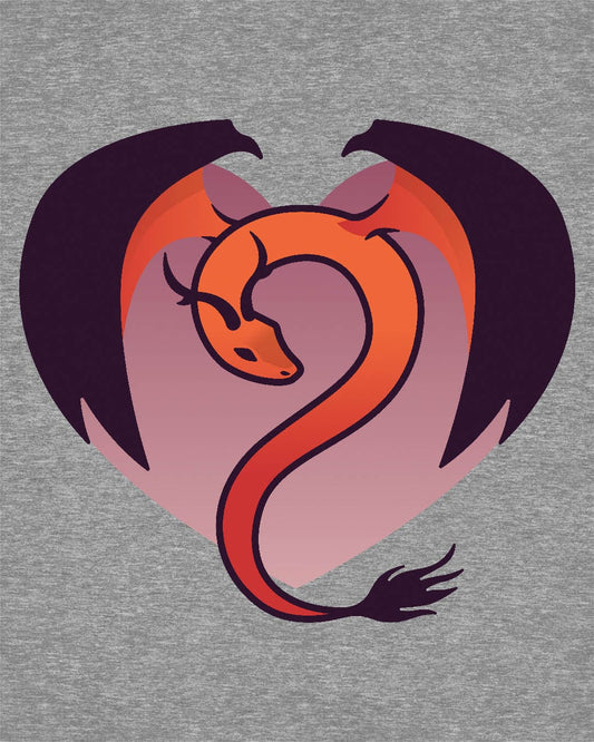 Dragon Heart shirt in sport grey, featuring a minimalist red and purple dragon curled into the shape of a heart.