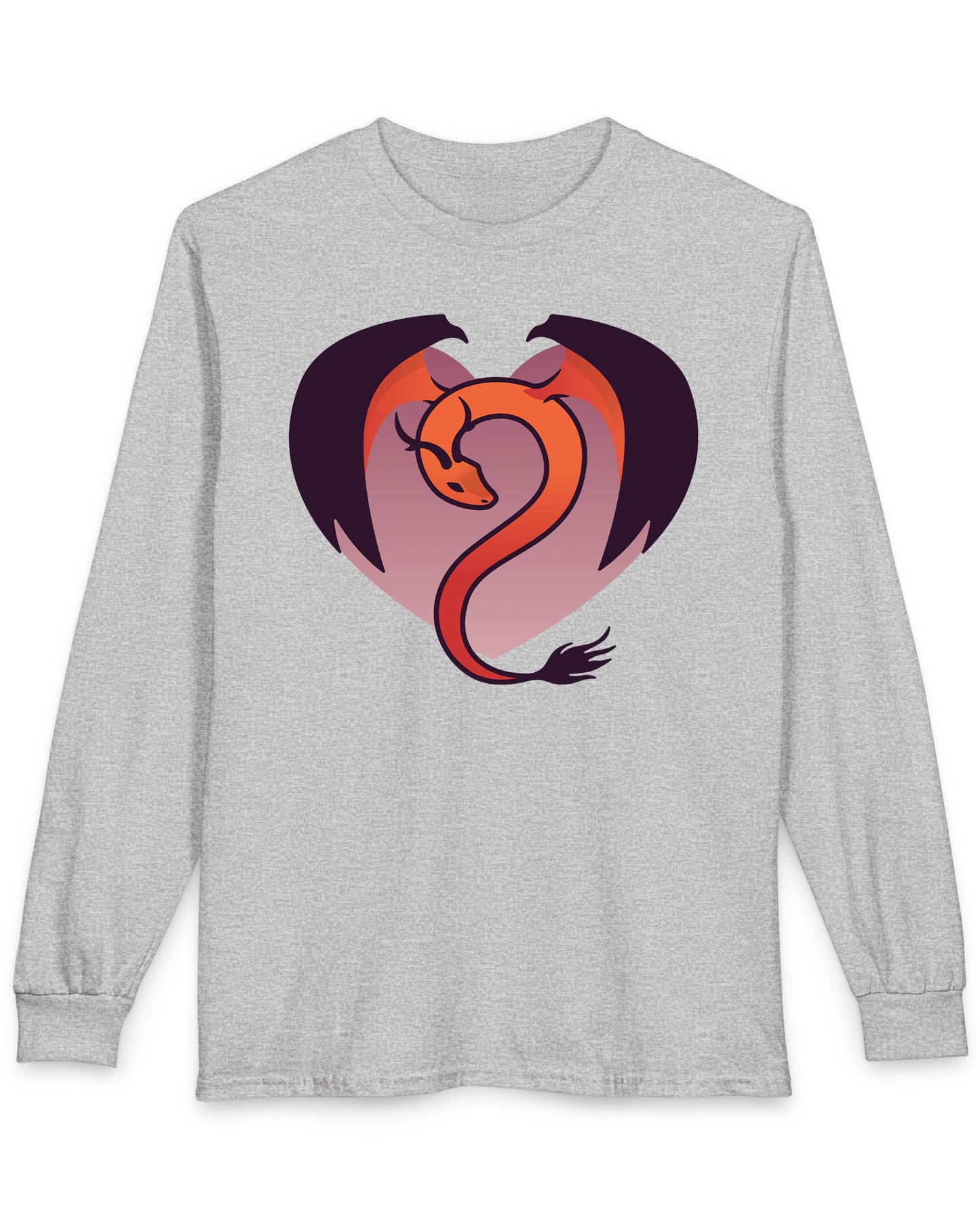 Dragon Heart shirt in sport grey, featuring a minimalist red and purple dragon curled into the shape of a heart.