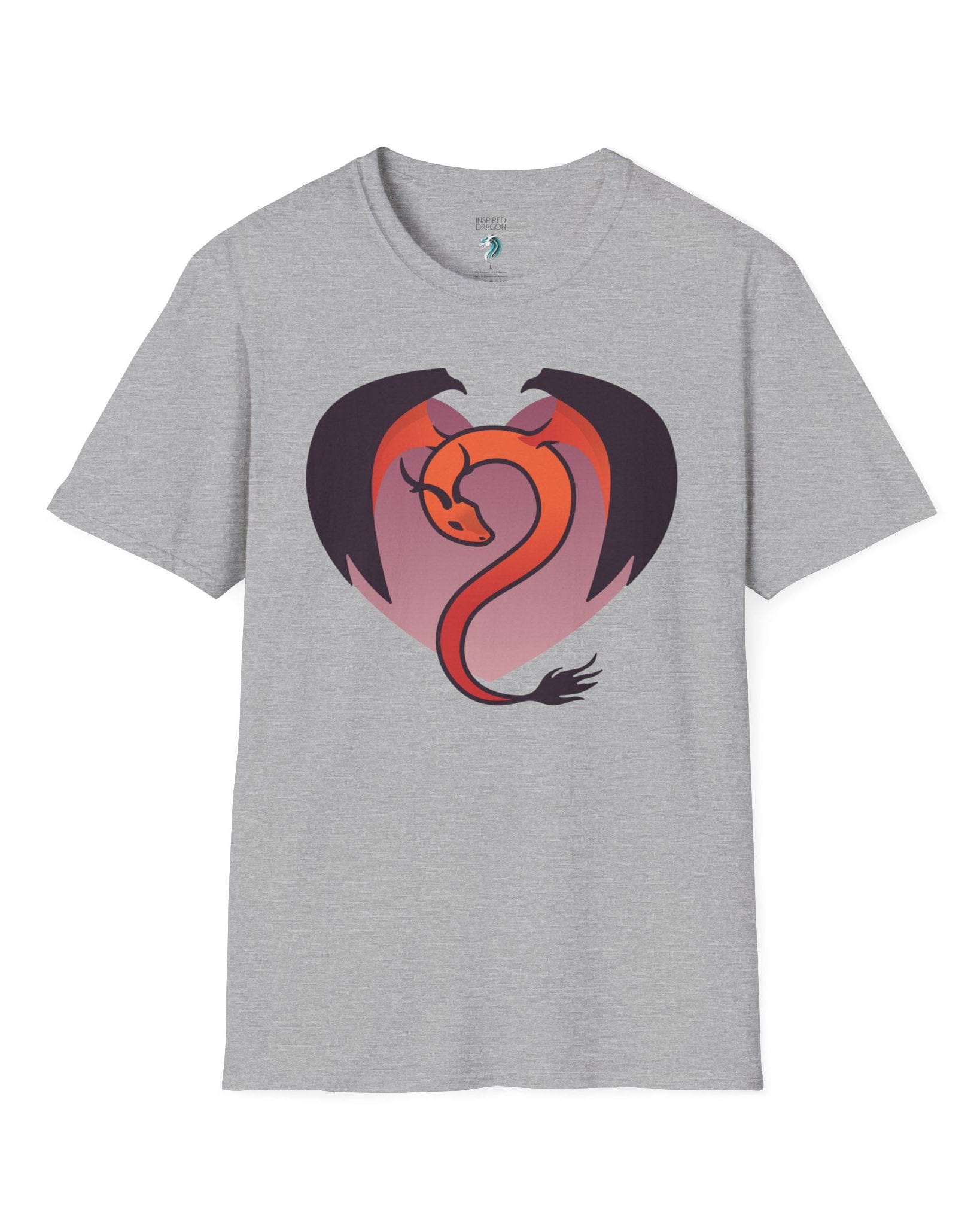 Dragon Heart shirt in sport grey, featuring a minimalist red and purple dragon curled into the shape of a heart.
