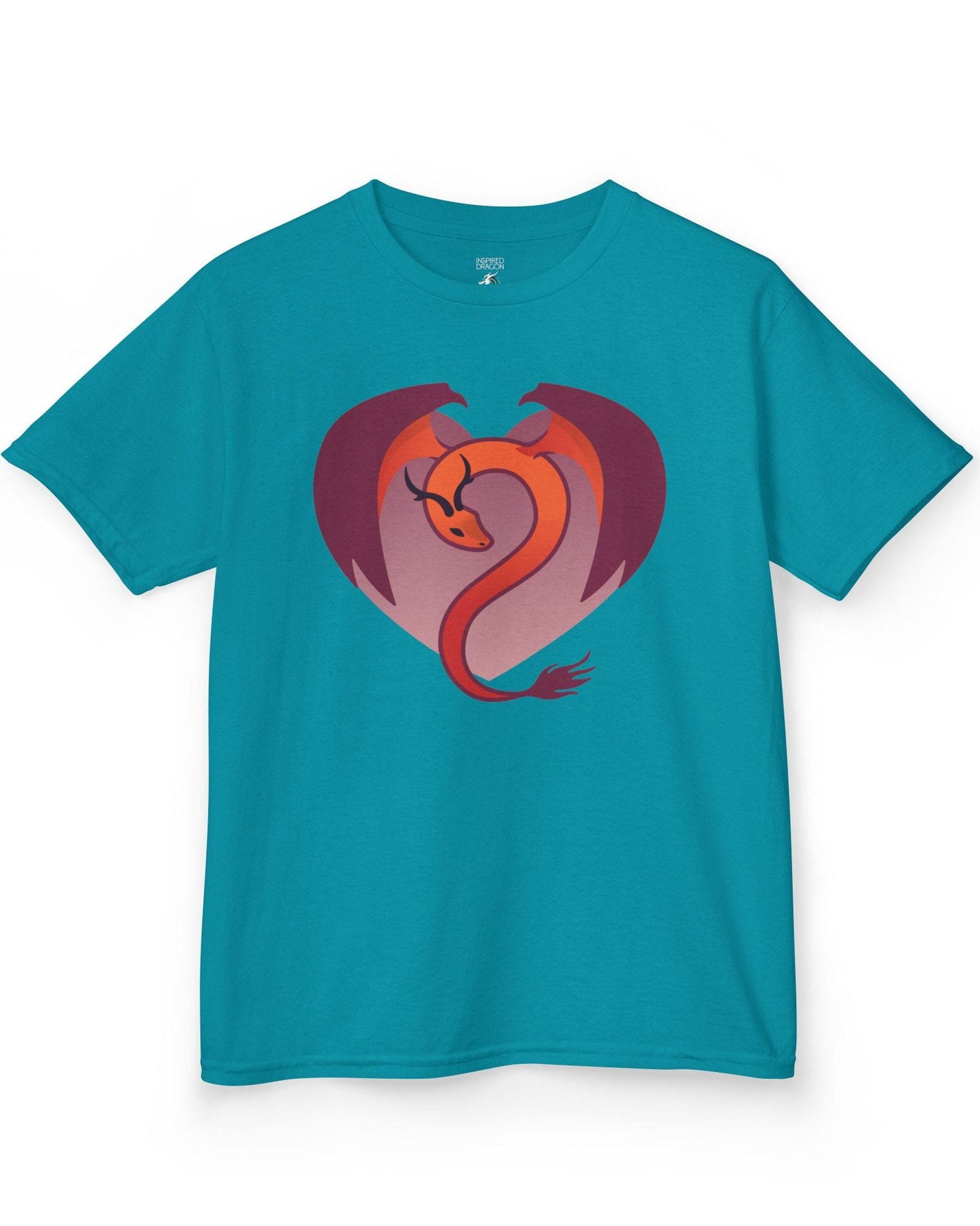 Dragon Heart shirt in tropical blue, featuring a minimalist red and purple dragon curled into the shape of a heart.
