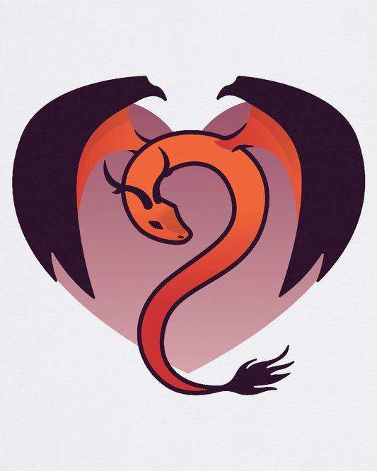 Dragon Heart shirt in white, featuring a minimalist red and purple dragon curled into the shape of a heart.