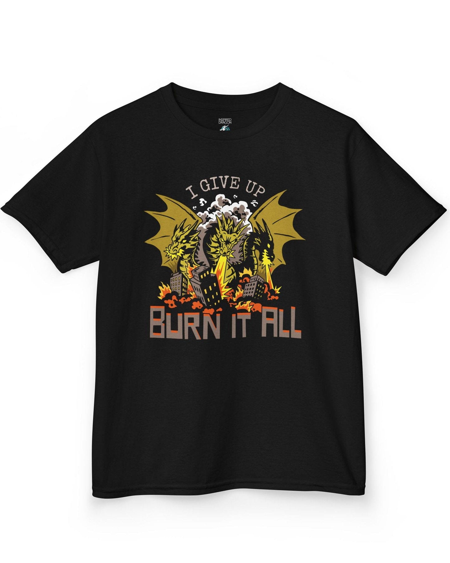 Burn It All shirt in black featuring a three-headed dragon breathing fire and destroying a city