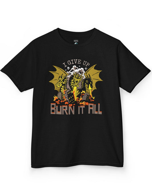 Burn It All shirt in black featuring a three-headed dragon breathing fire and destroying a city