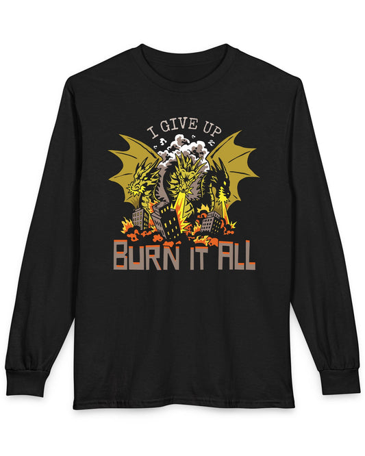 Burn It All shirt in black featuring a three-headed dragon breathing fire and destroying a city
