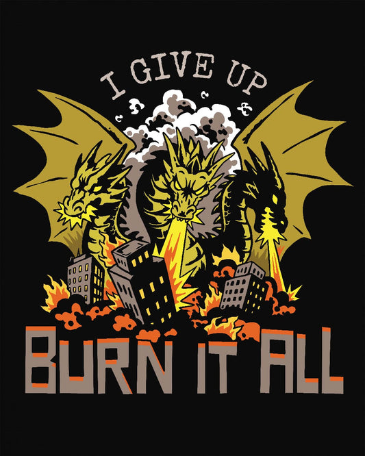 Burn It All shirt in black featuring a three-headed dragon breathing fire and destroying a city.