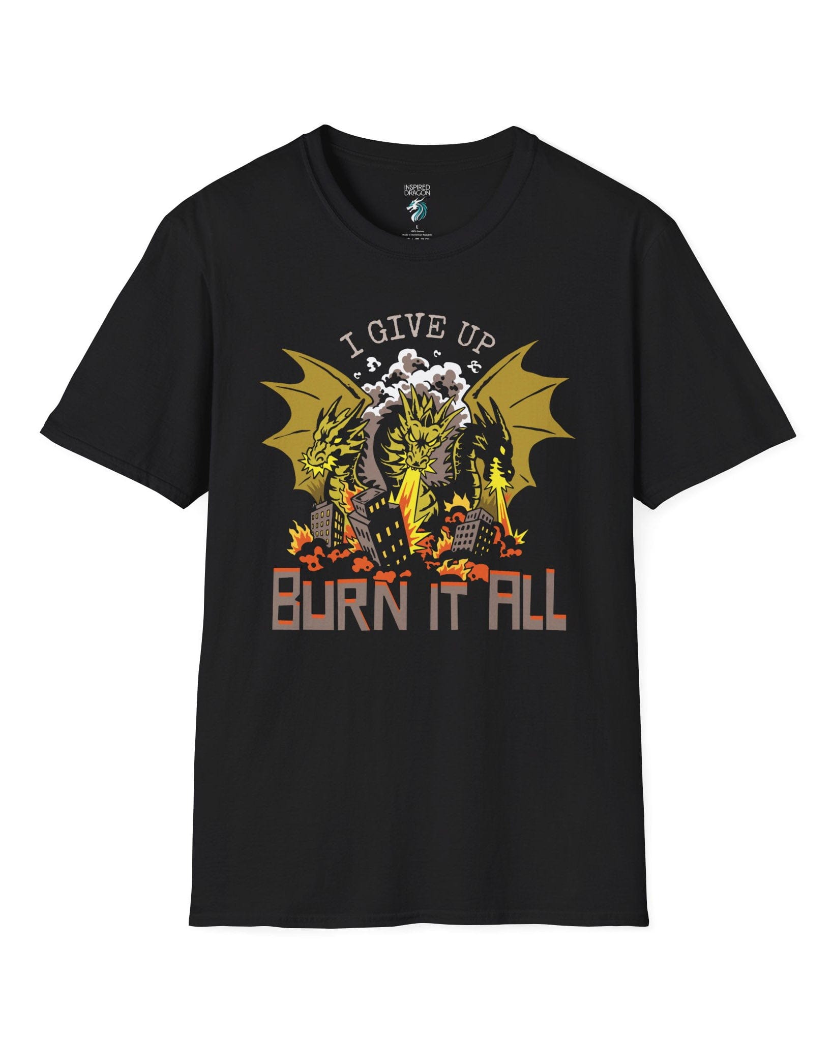 Burn It All shirt in black featuring a three-headed dragon breathing fire and destroying a city.

