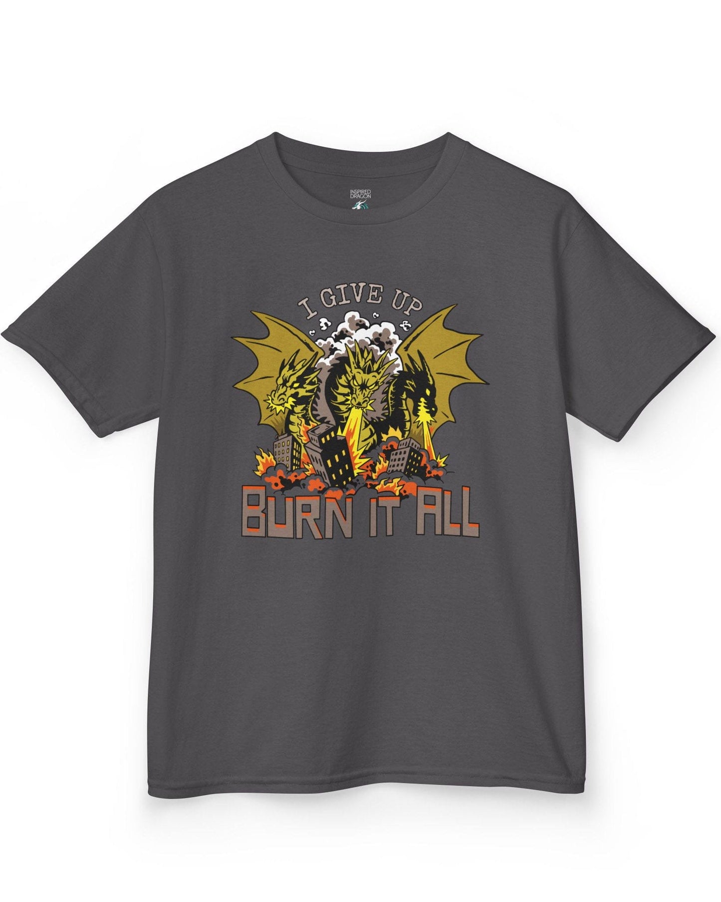 Burn It All shirt in charcoal featuring a three-headed dragon breathing fire and destroying a city
