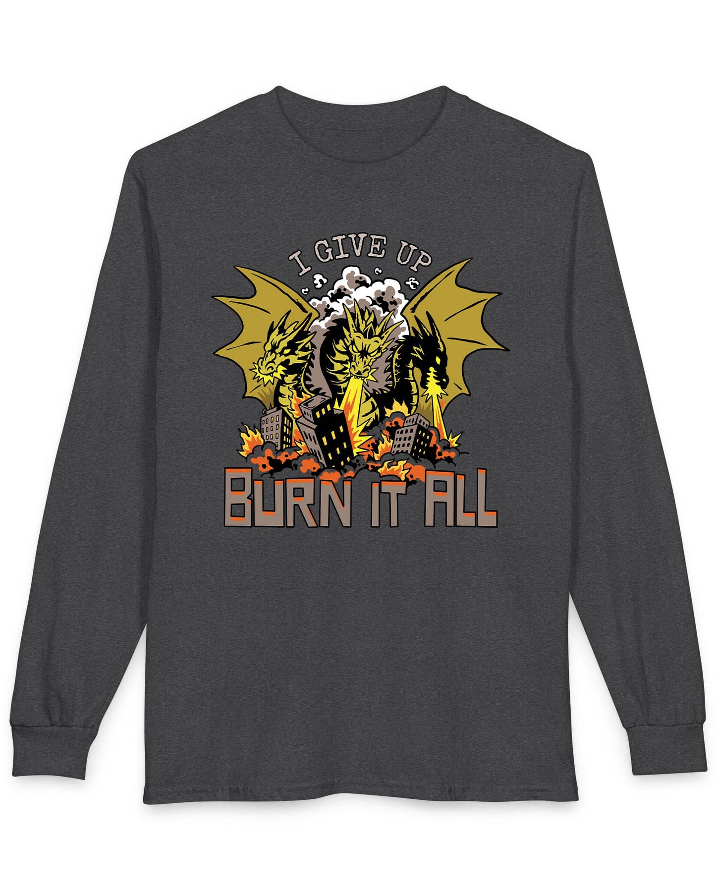 Burn It All shirt in dark heather featuring a three-headed dragon breathing fire and destroying a city