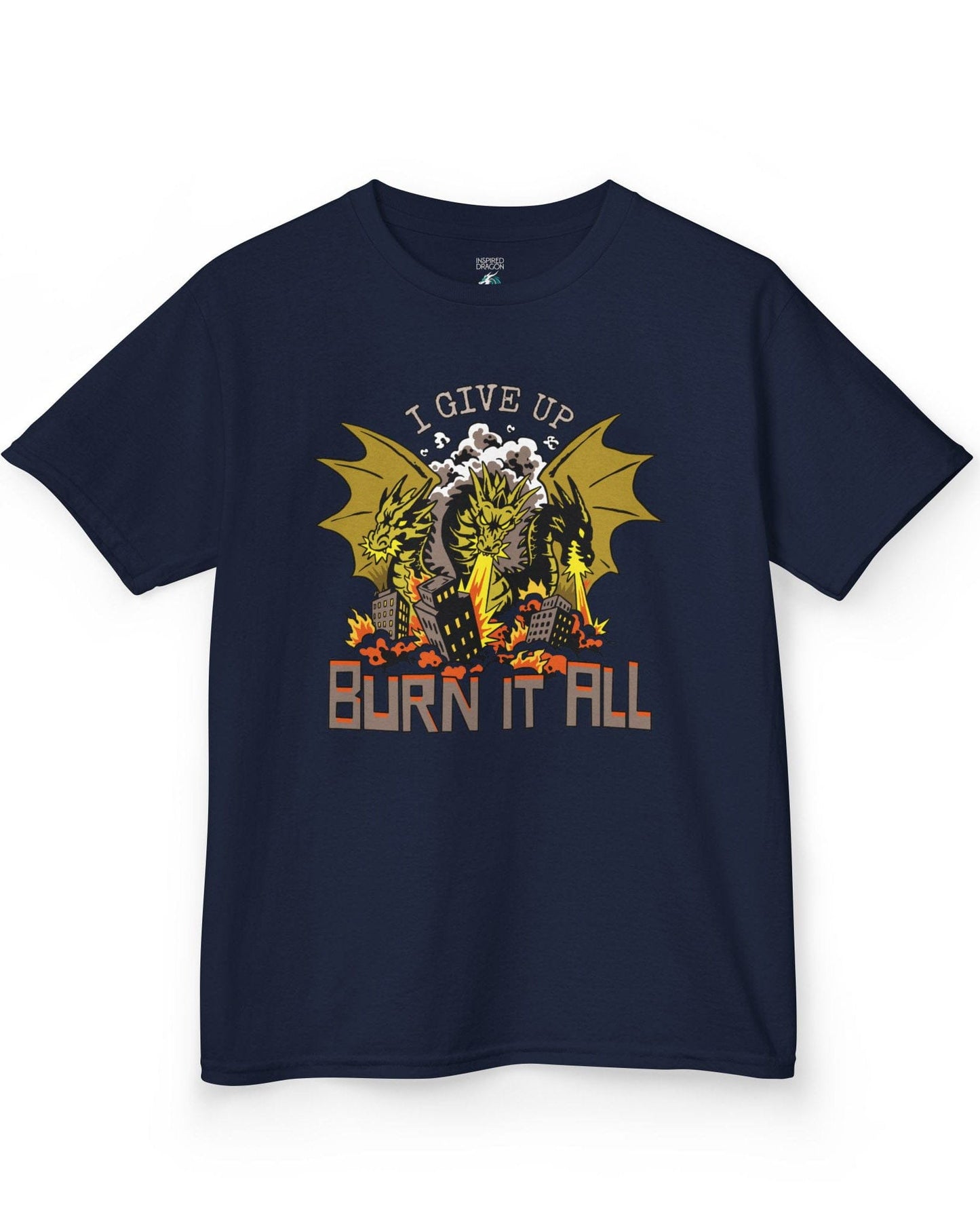 Burn It All shirt in navy featuring a three-headed dragon breathing fire and destroying a city