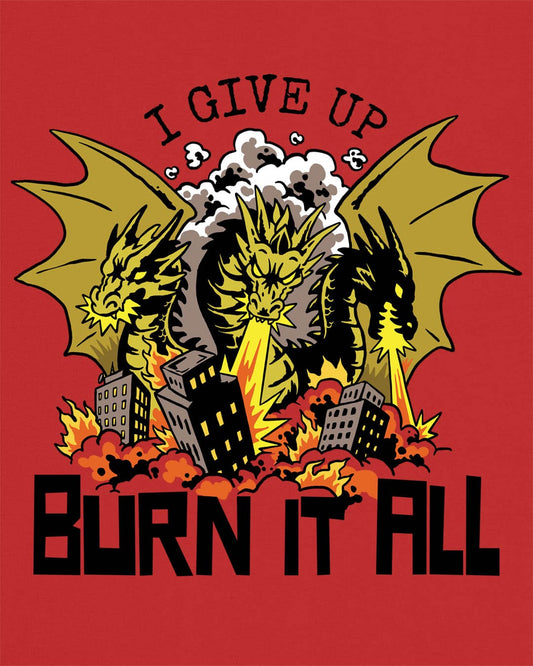 Burn It All shirt in red featuring a three-headed dragon breathing fire and destroying a city.