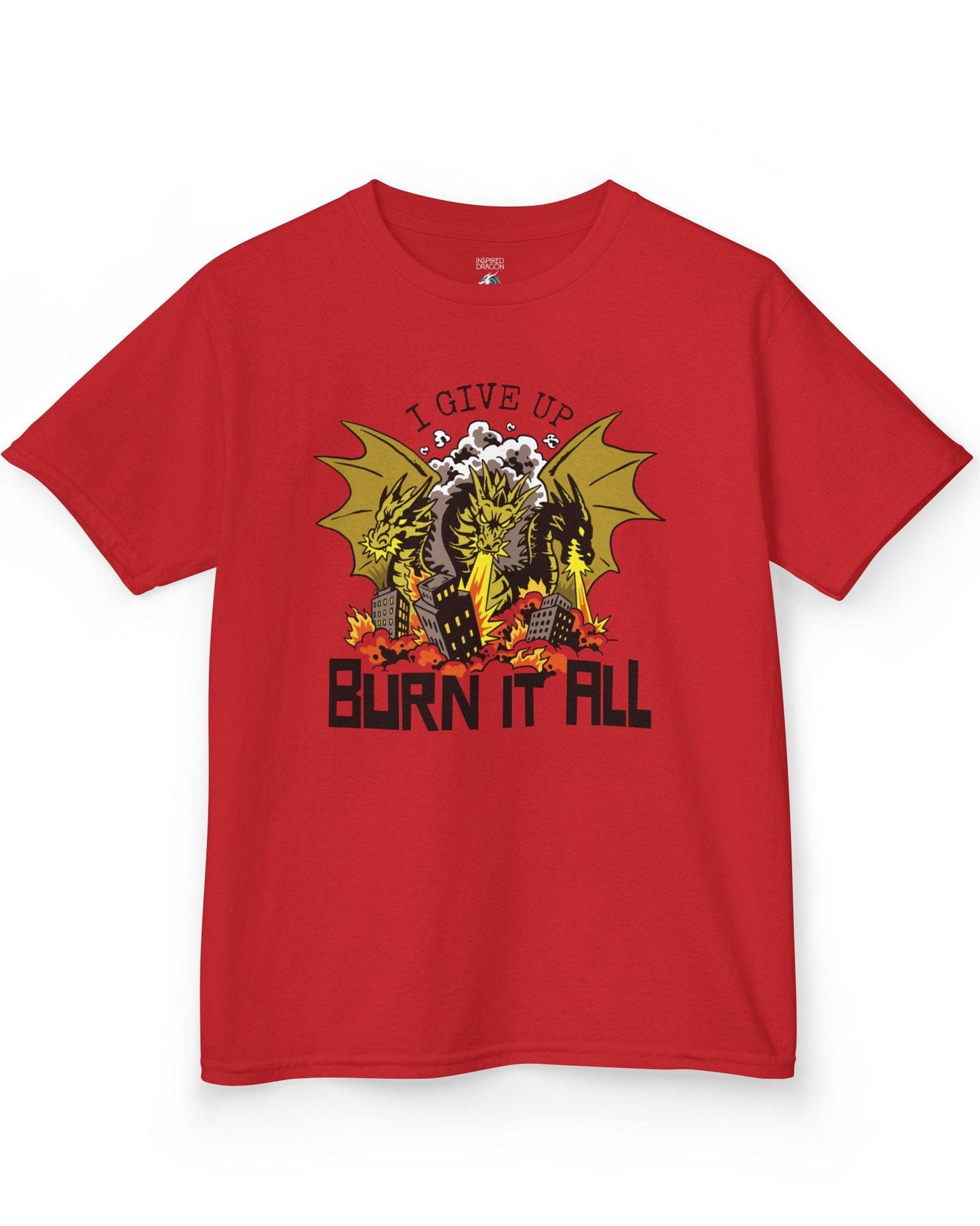 Burn It All shirt in red featuring a three-headed dragon breathing fire and destroying a city
