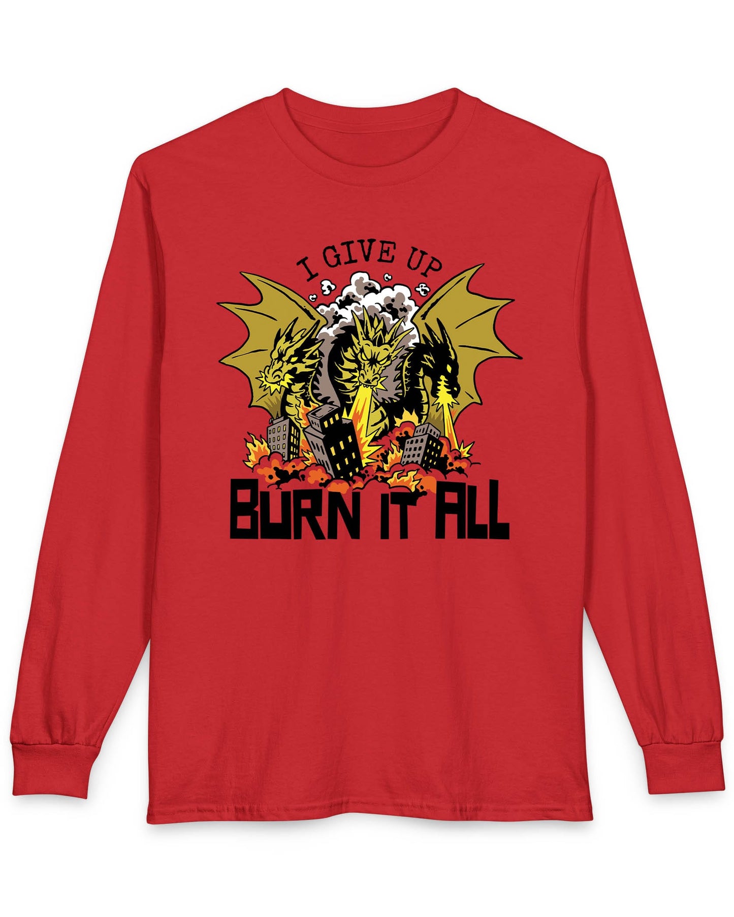 Burn It All shirt in red featuring a three-headed dragon breathing fire and destroying a city