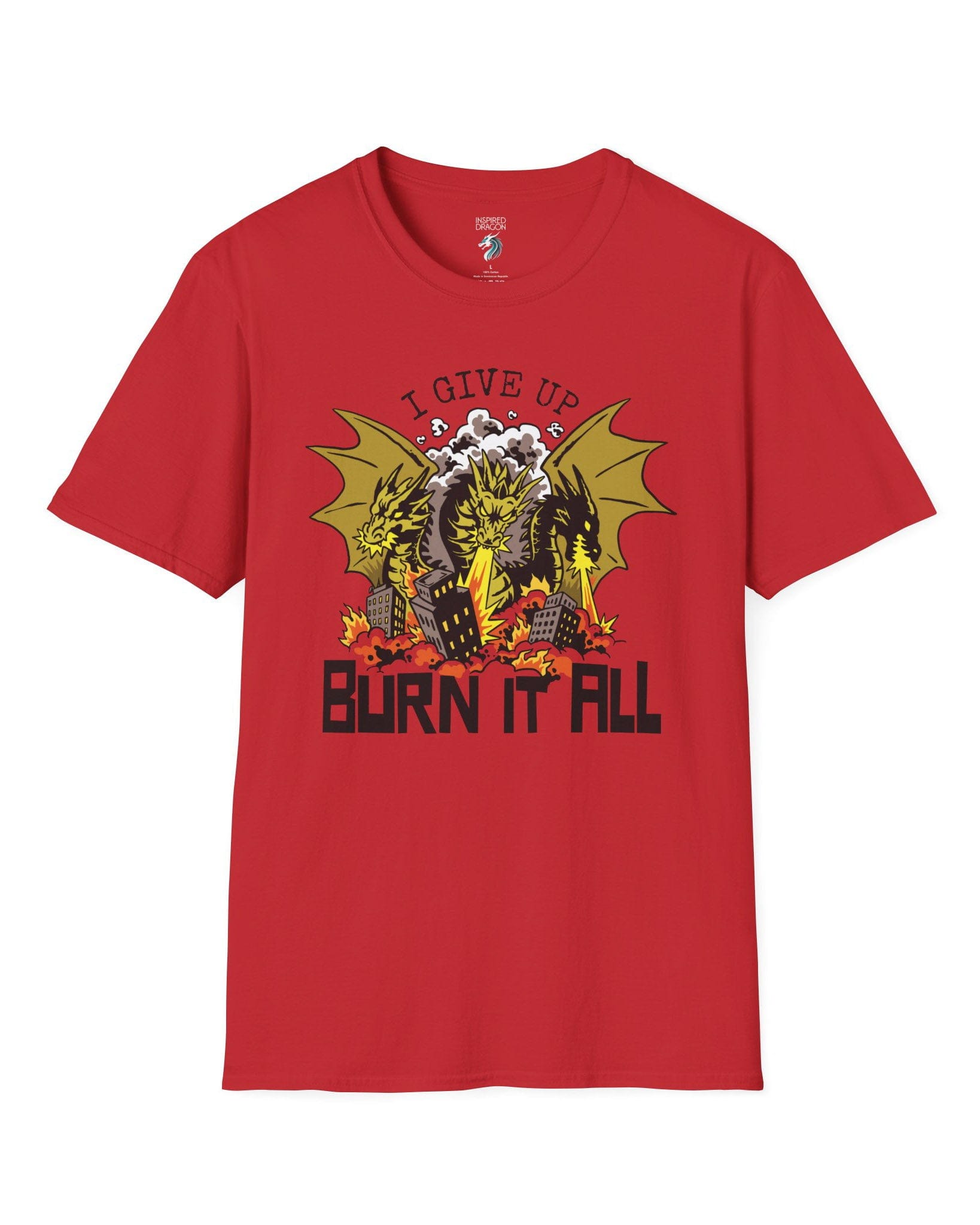 Burn It All shirt in red featuring a three-headed dragon breathing fire and destroying a city.
