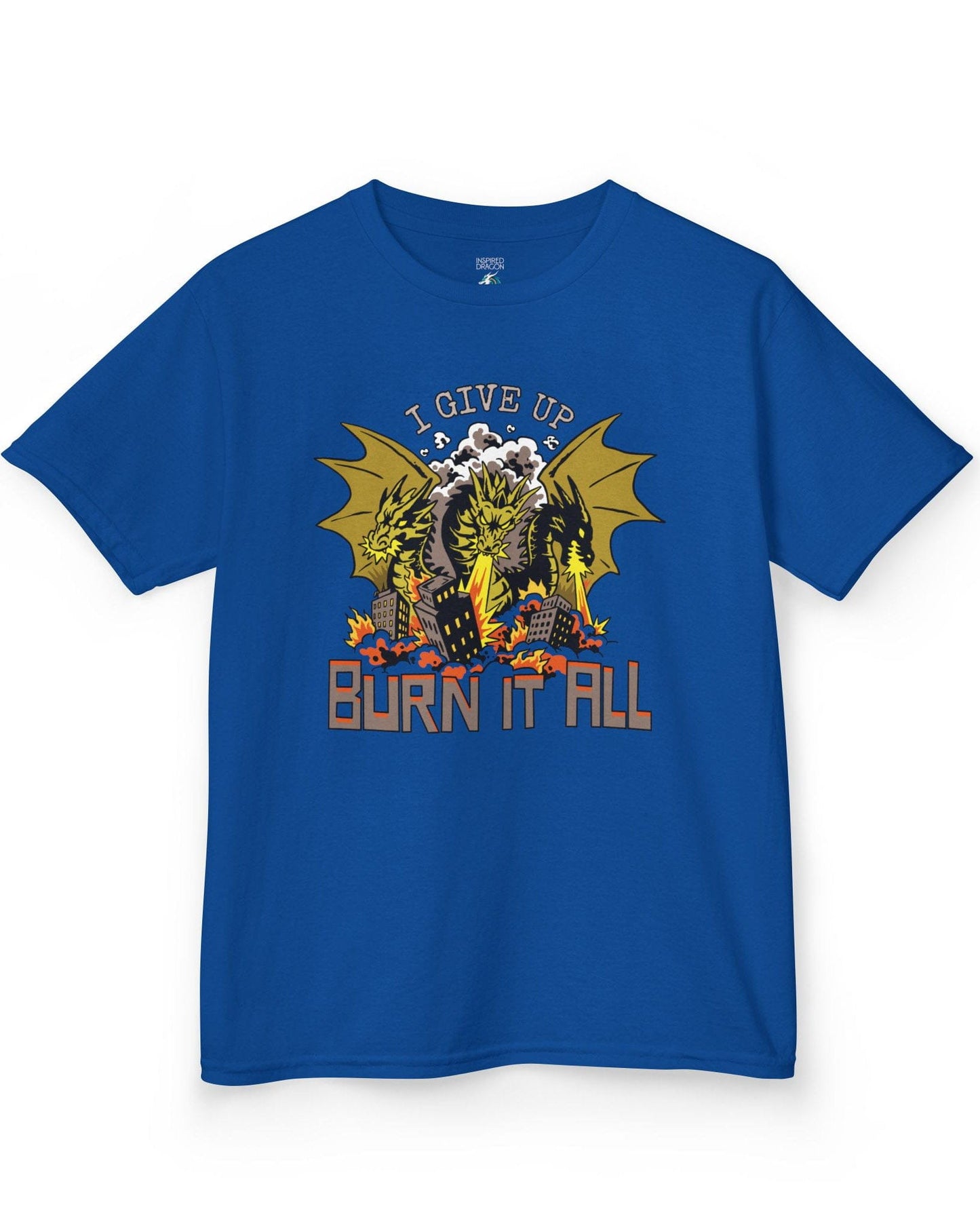 Burn It All shirt in royal blue featuring a three-headed dragon breathing fire and destroying a city