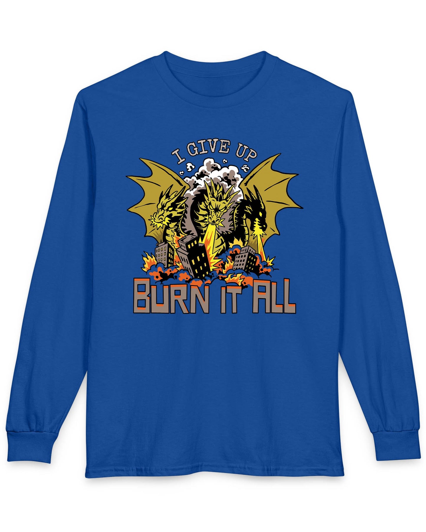 Burn It All shirt in royal blue featuring a three-headed dragon breathing fire and destroying a city