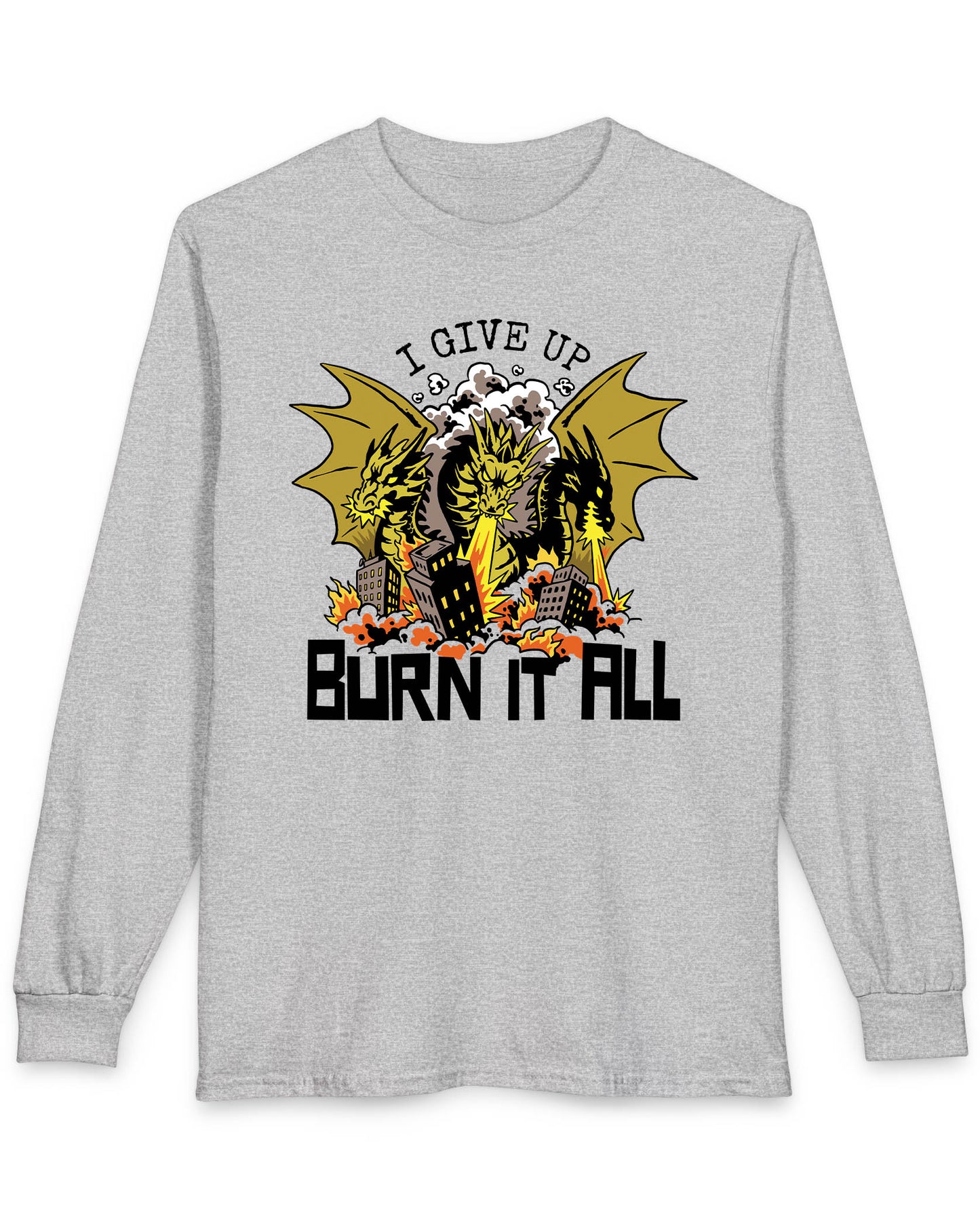 Burn It All shirt in sport grey featuring a three-headed dragon breathing fire and destroying a city