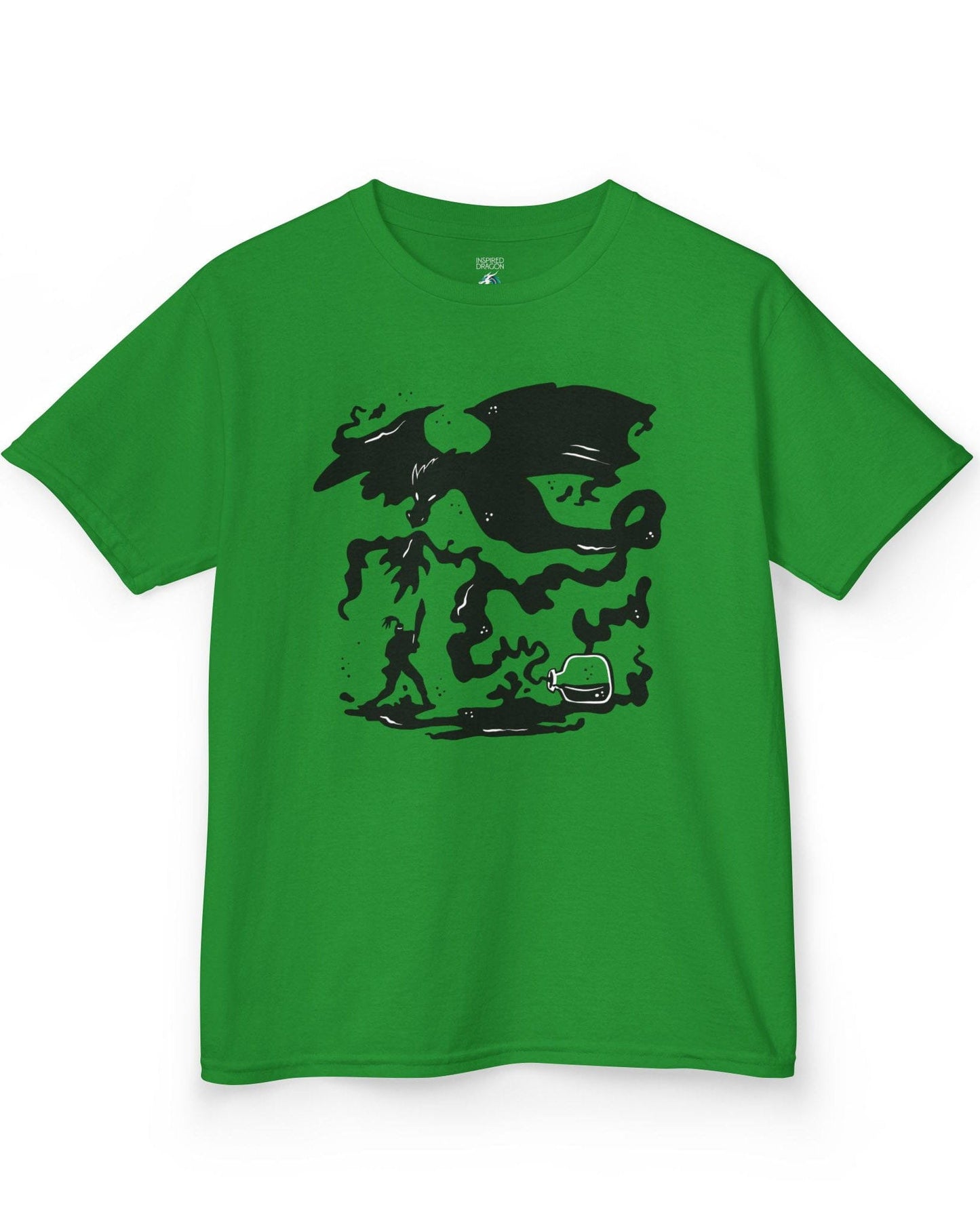 A Duel In Ink shirt in Irish green featuring an ink-style illustration of a dragon battling a warrior with swirling smoke
