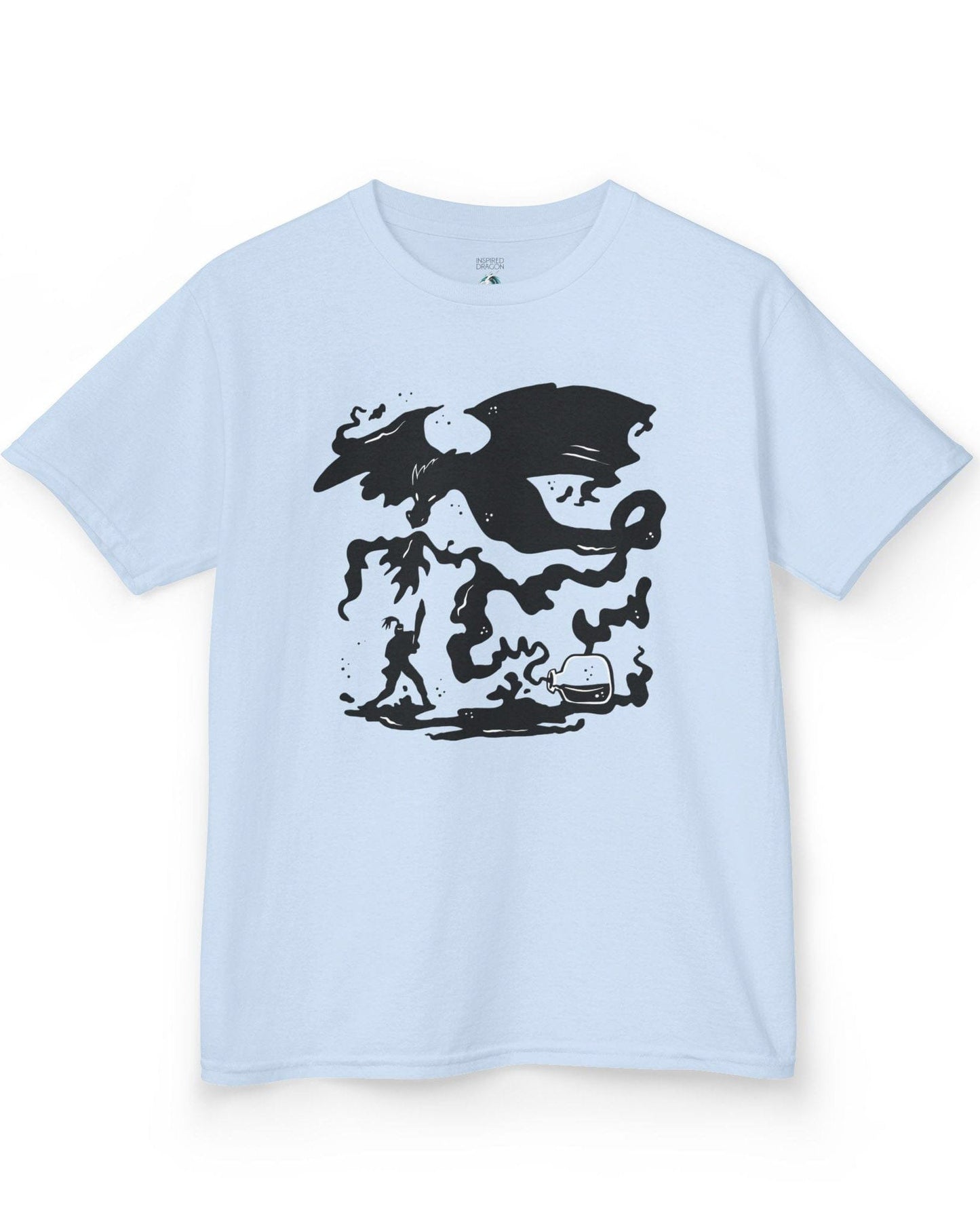 A Duel In Ink shirt in light blue featuring an ink-style illustration of a dragon battling a warrior with swirling smoke