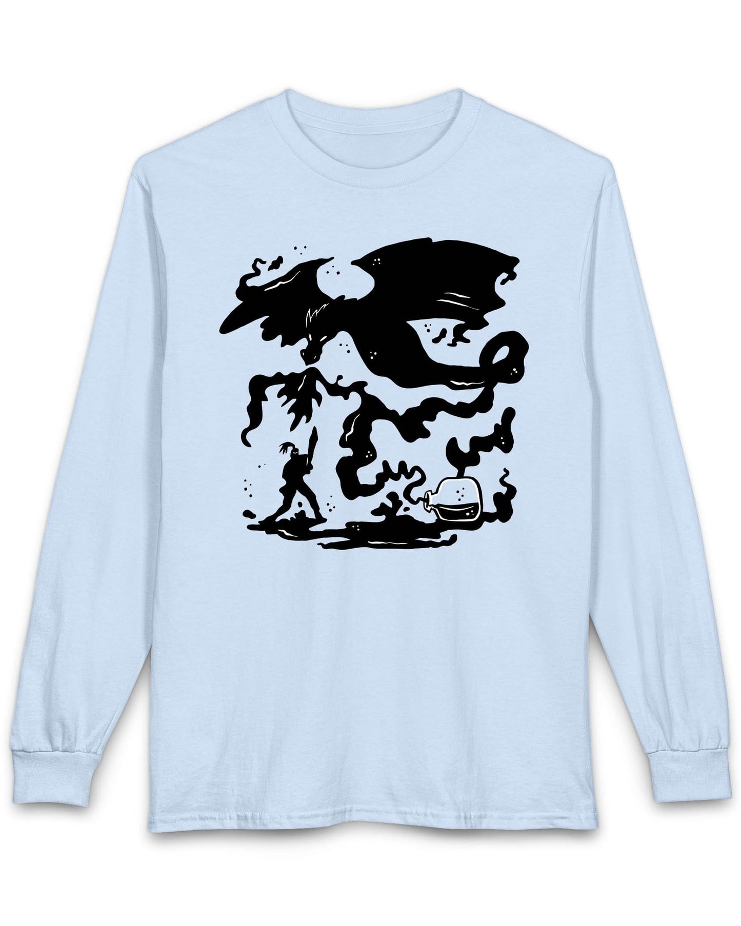 A Duel In Ink shirt in light blue featuring an ink-style illustration of a dragon battling a warrior with swirling smoke