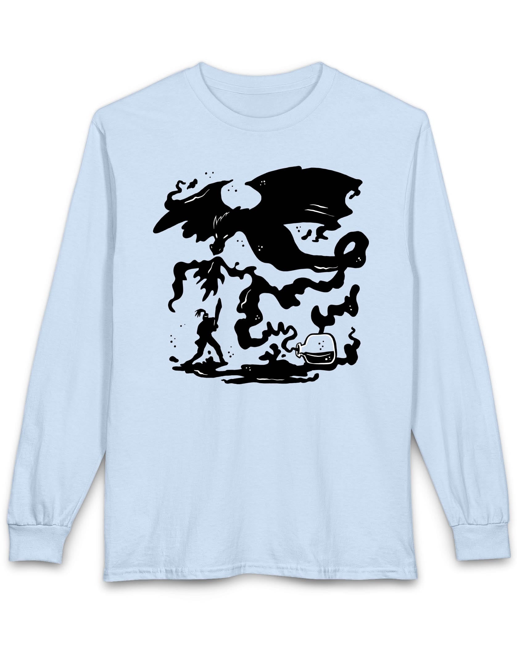 A Duel In Ink shirt in light blue featuring an ink-style illustration of a dragon battling a warrior with swirling smoke