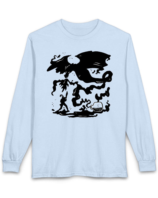 A Duel In Ink shirt in light blue featuring an ink-style illustration of a dragon battling a warrior with swirling smoke