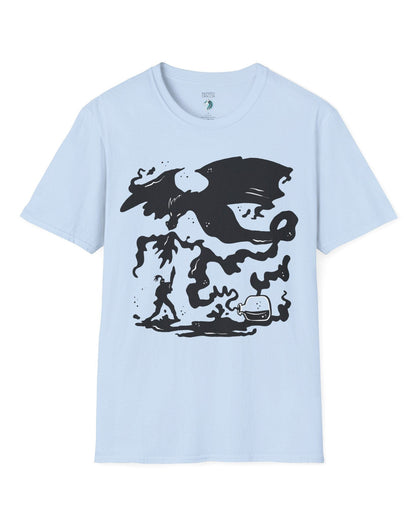 A Duel In Ink shirt in light blue, featuring an ink-style illustration of a dragon battling a warrior with swirling smoke.
