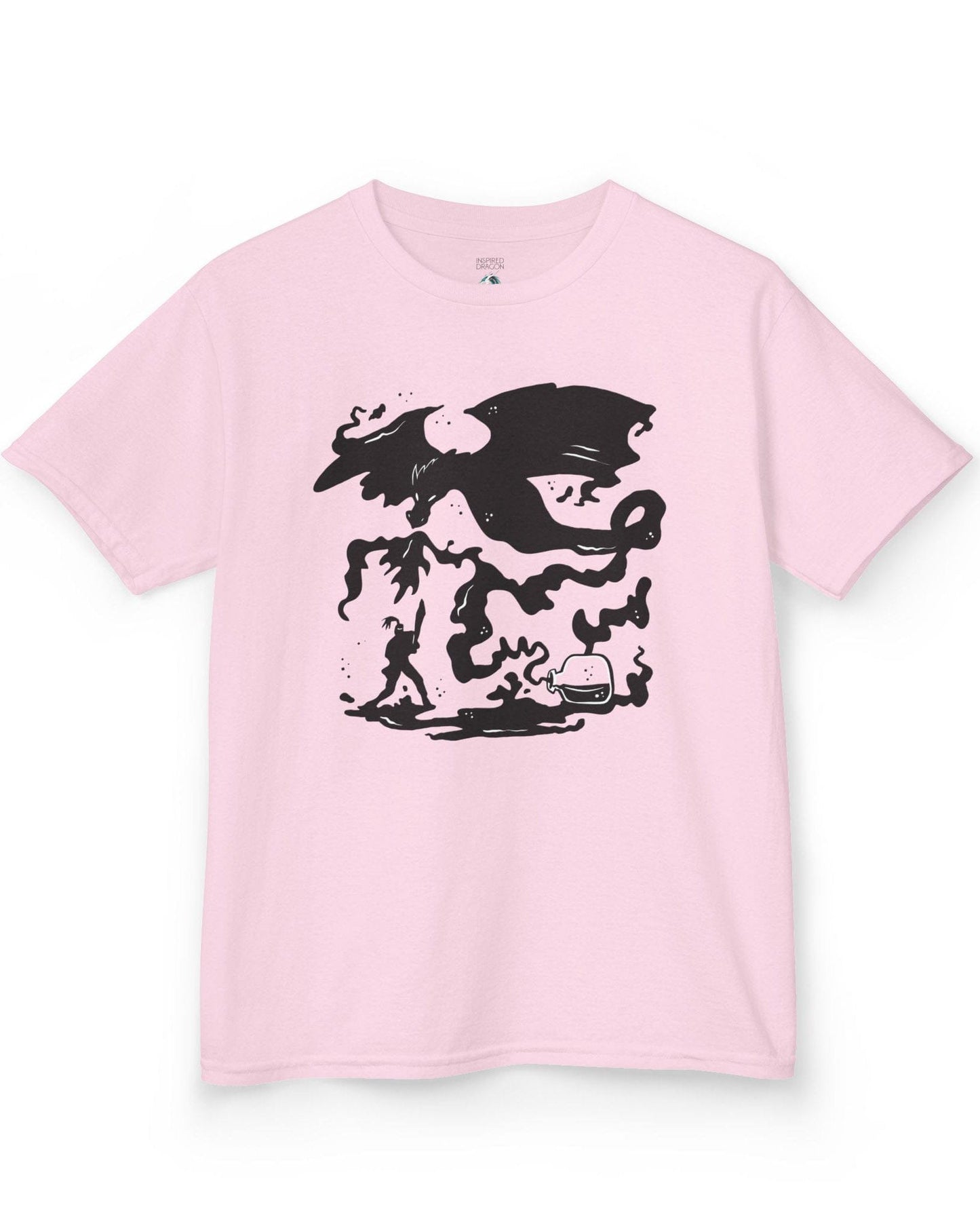 A Duel In Ink shirt in light pink featuring an ink-style illustration of a dragon battling a warrior with swirling smoke