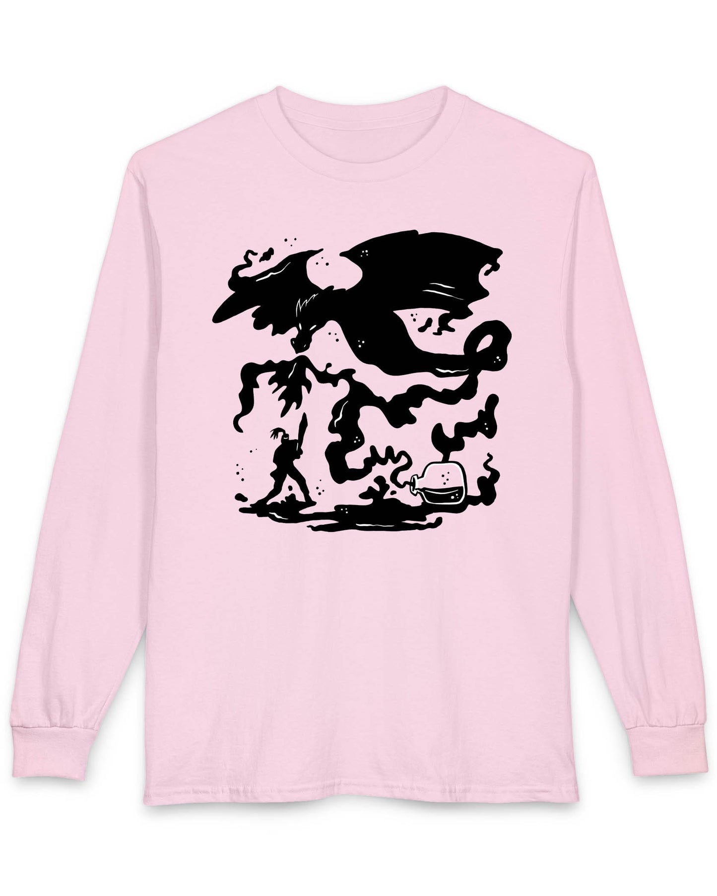 A Duel In Ink shirt in light pink featuring an ink-style illustration of a dragon battling a warrior with swirling smoke