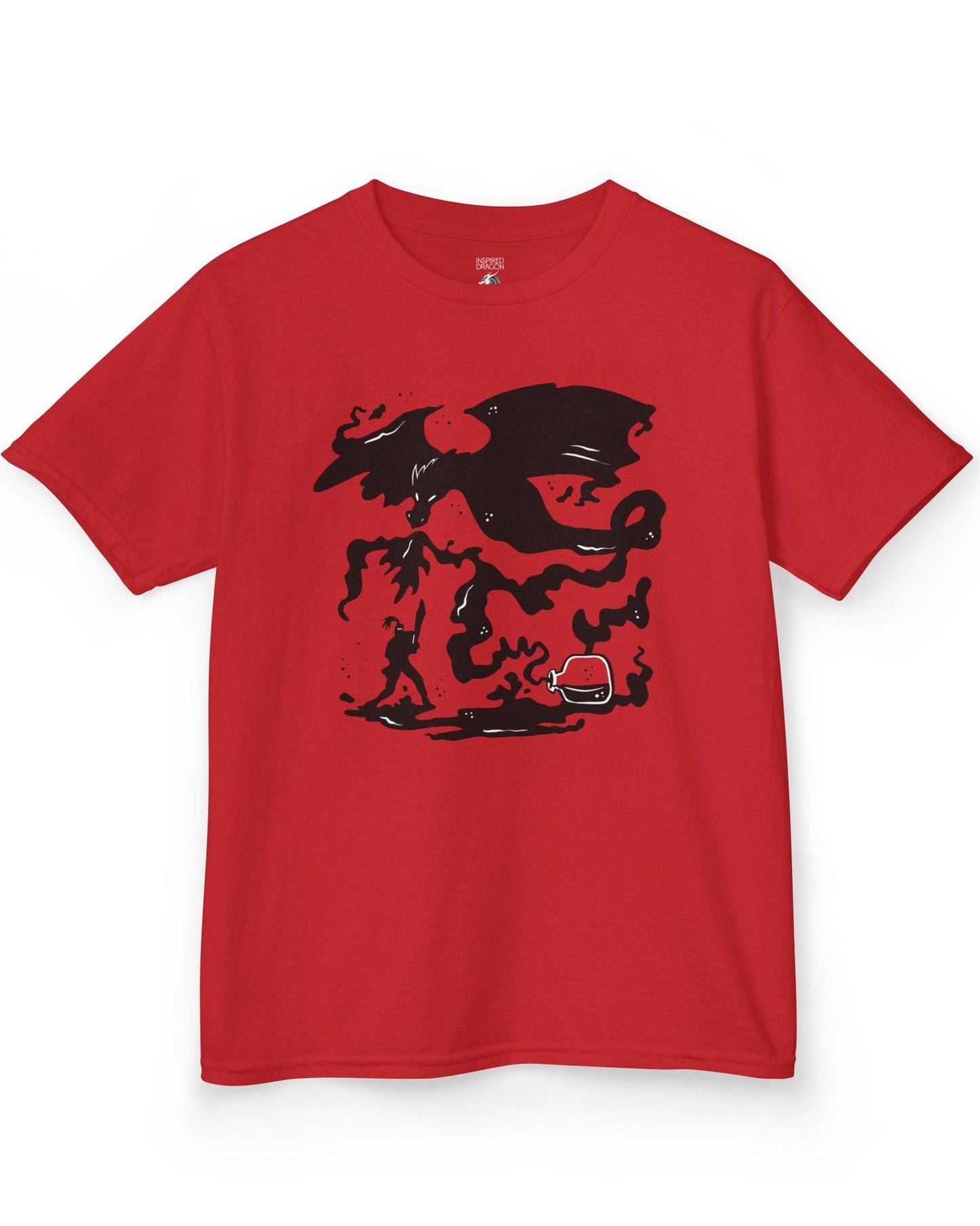 A Duel In Ink shirt in red featuring an ink-style illustration of a dragon battling a warrior with swirling smoke