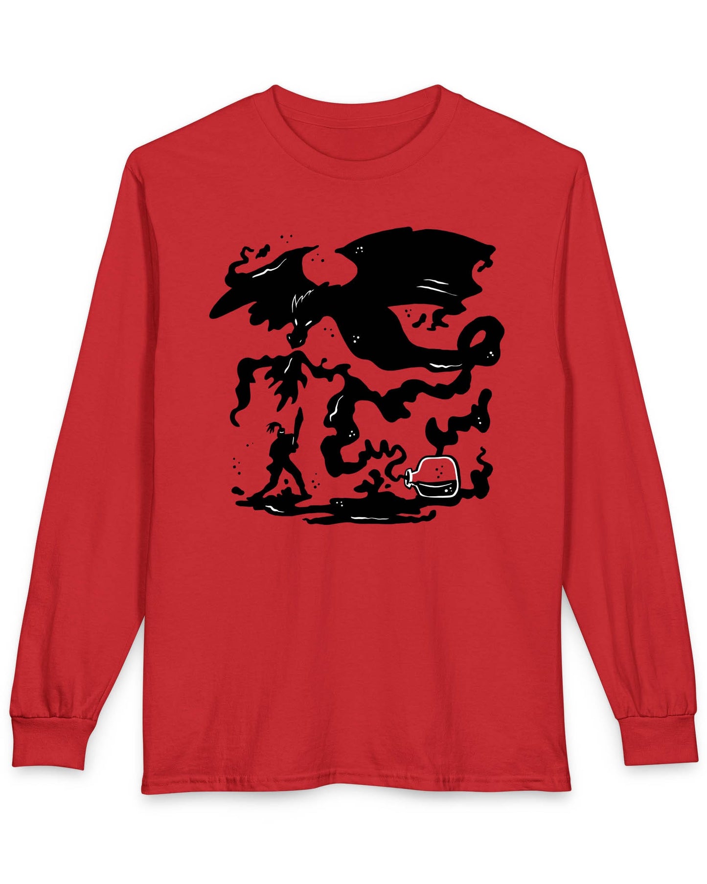 A Duel In Ink shirt in red featuring an ink-style illustration of a dragon battling a warrior with swirling smoke