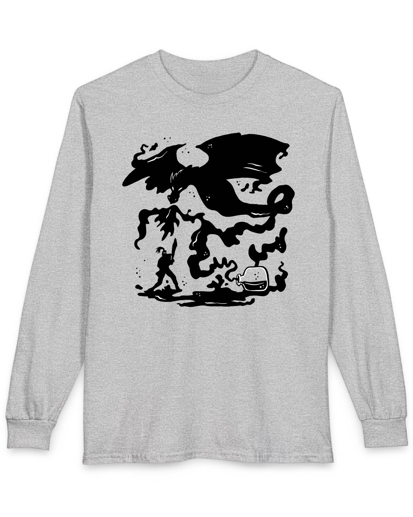 A Duel In Ink shirt in sport grey featuring an ink-style illustration of a dragon battling a warrior with swirling smoke