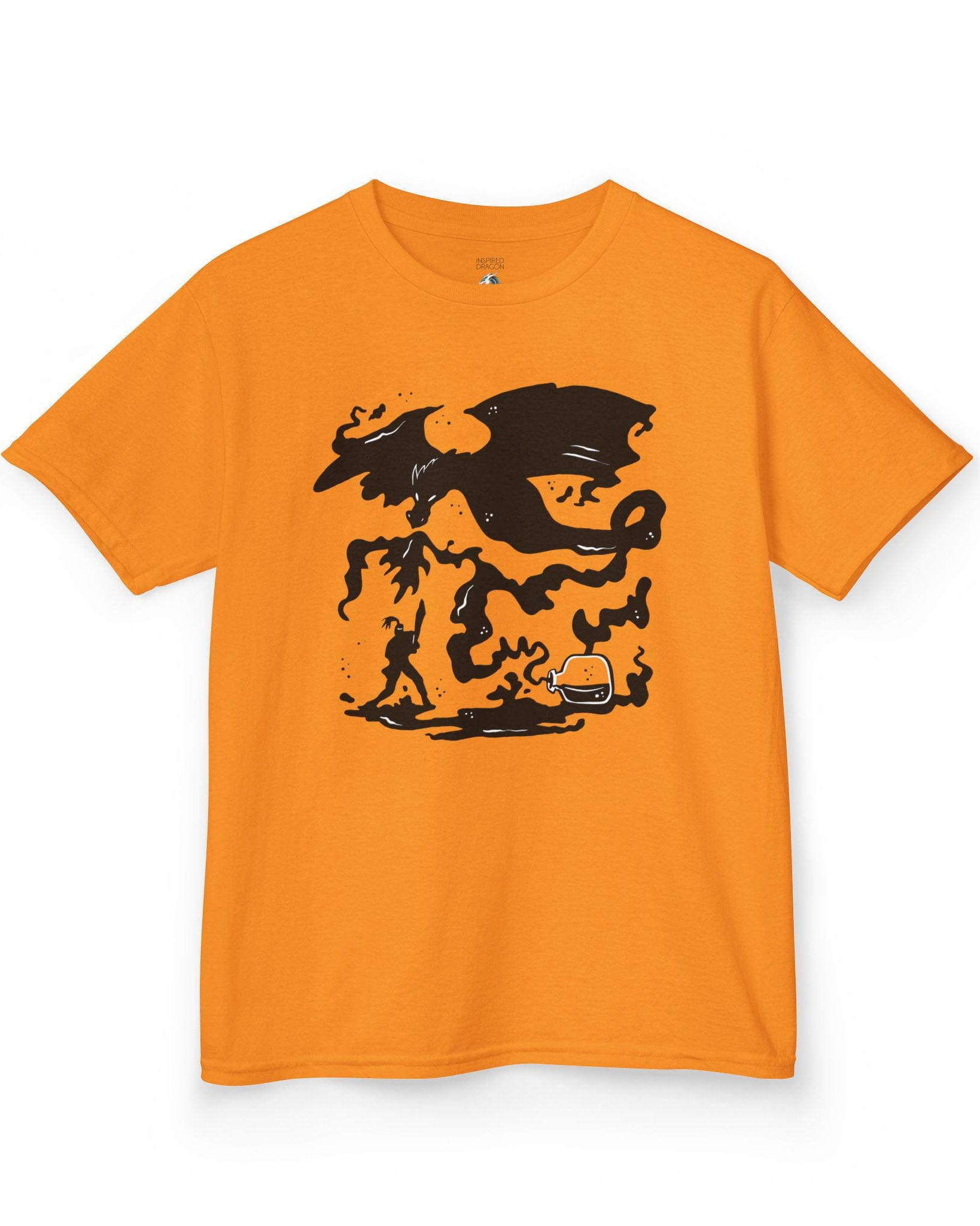A Duel In Ink shirt in orange featuring an ink-style illustration of a dragon battling a warrior with swirling smoke