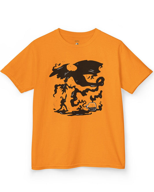 A Duel In Ink shirt in orange featuring an ink-style illustration of a dragon battling a warrior with swirling smoke