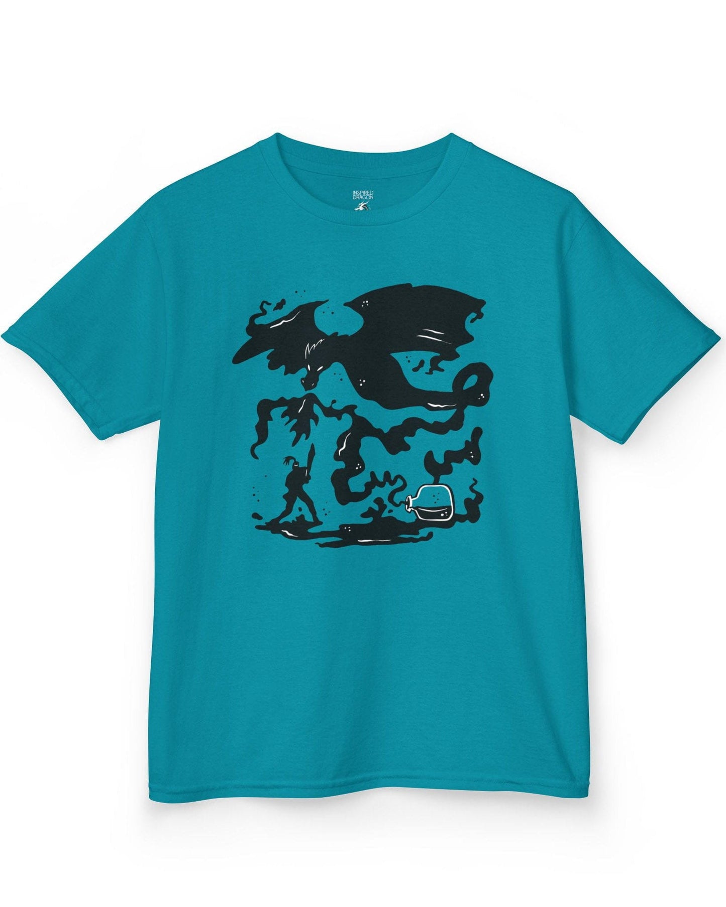 A Duel In Ink shirt in tropical blue featuring an ink-style illustration of a dragon battling a warrior with swirling smoke