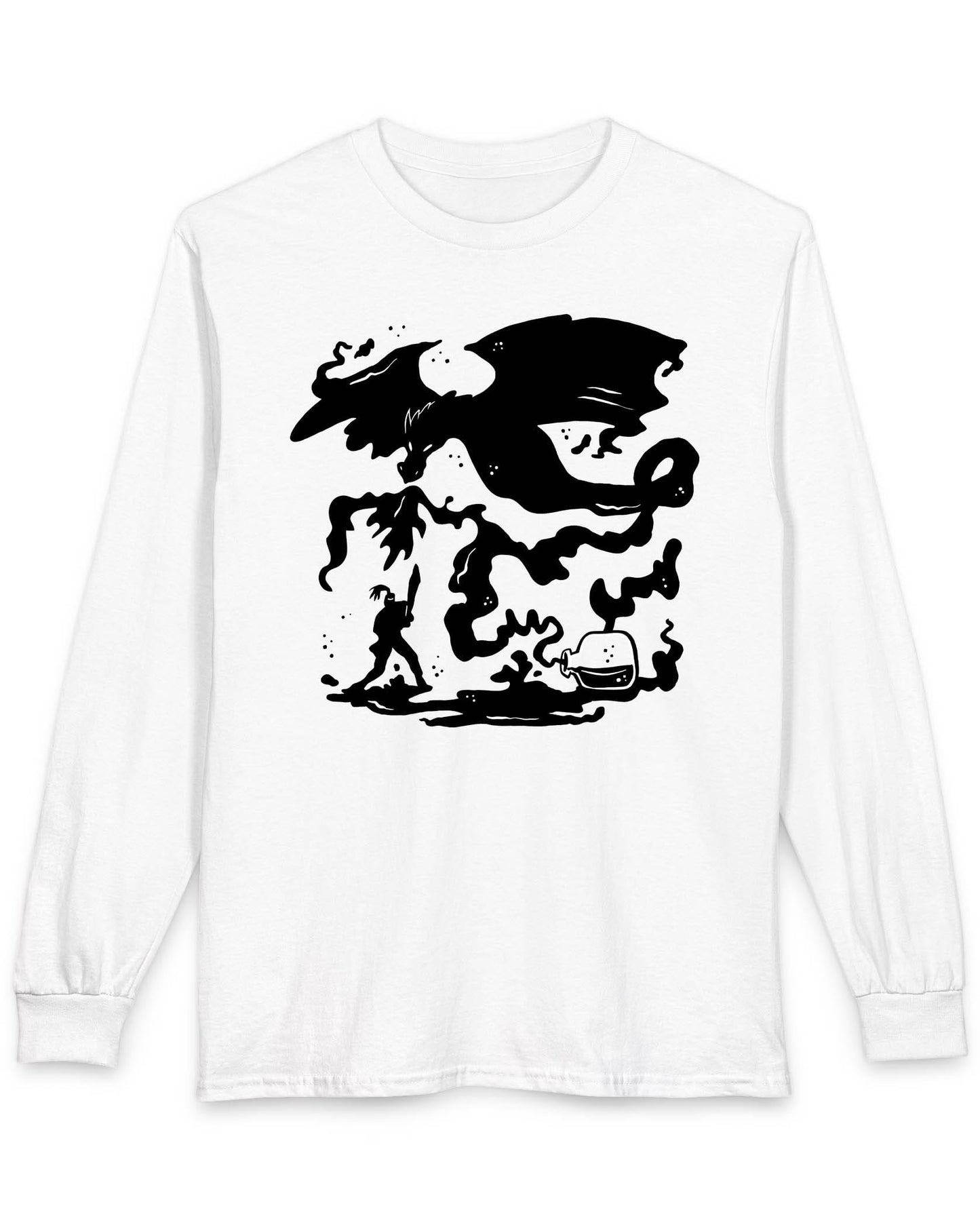 A Duel In Ink shirt in white featuring an ink-style illustration of a dragon battling a warrior with swirling smoke