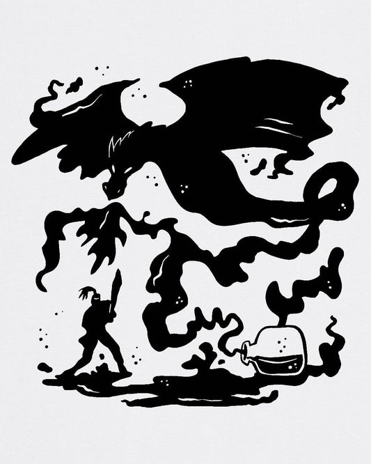 A Duel In Ink shirt in white, featuring an ink-style illustration of a dragon battling a warrior with swirling smoke.