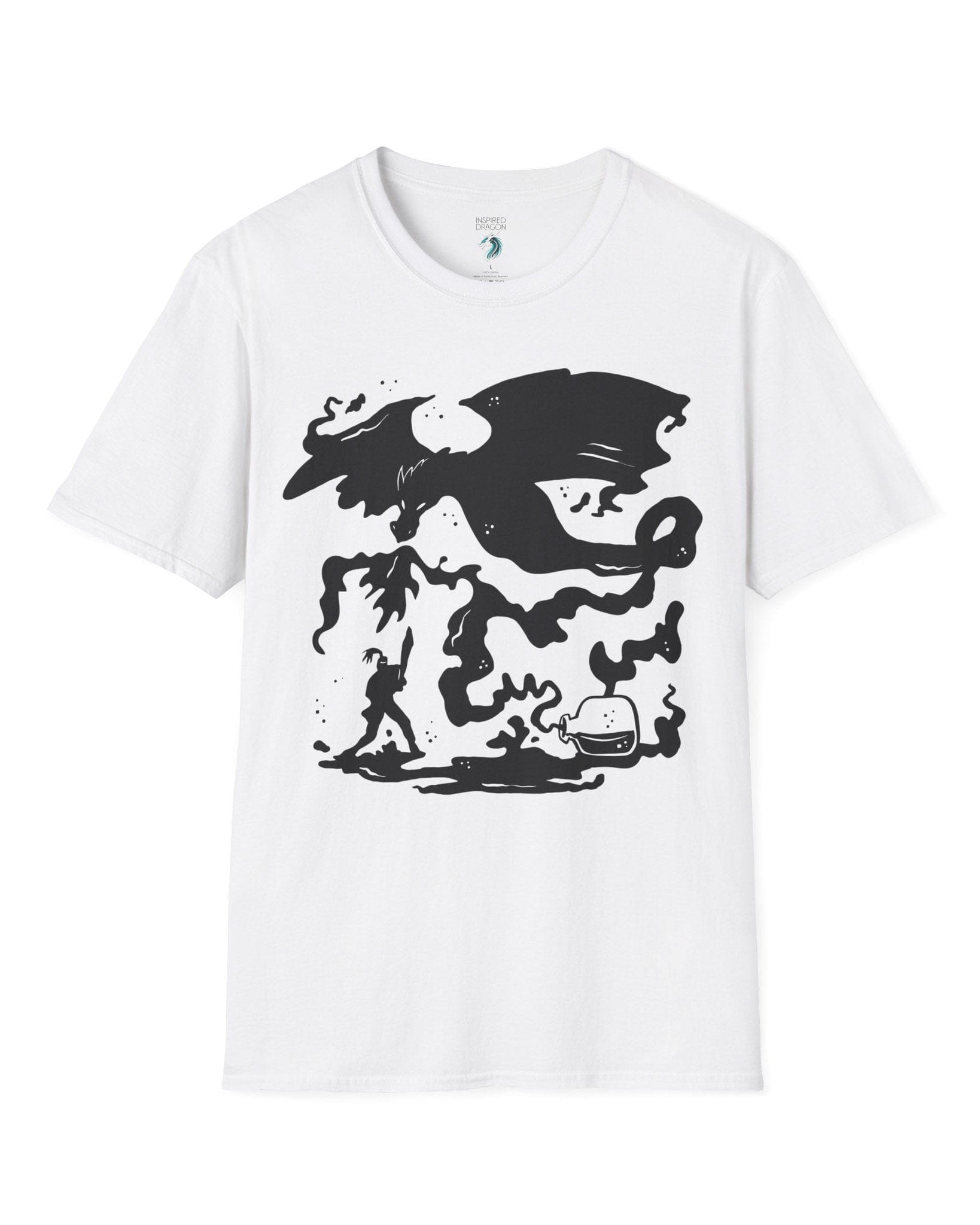 A Duel In Ink shirt in white, featuring an ink-style illustration of a dragon battling a warrior with swirling smoke.
