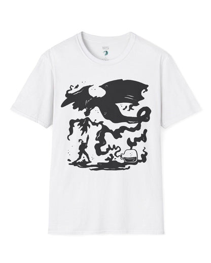 A Duel In Ink shirt in white, featuring an ink-style illustration of a dragon battling a warrior with swirling smoke.
