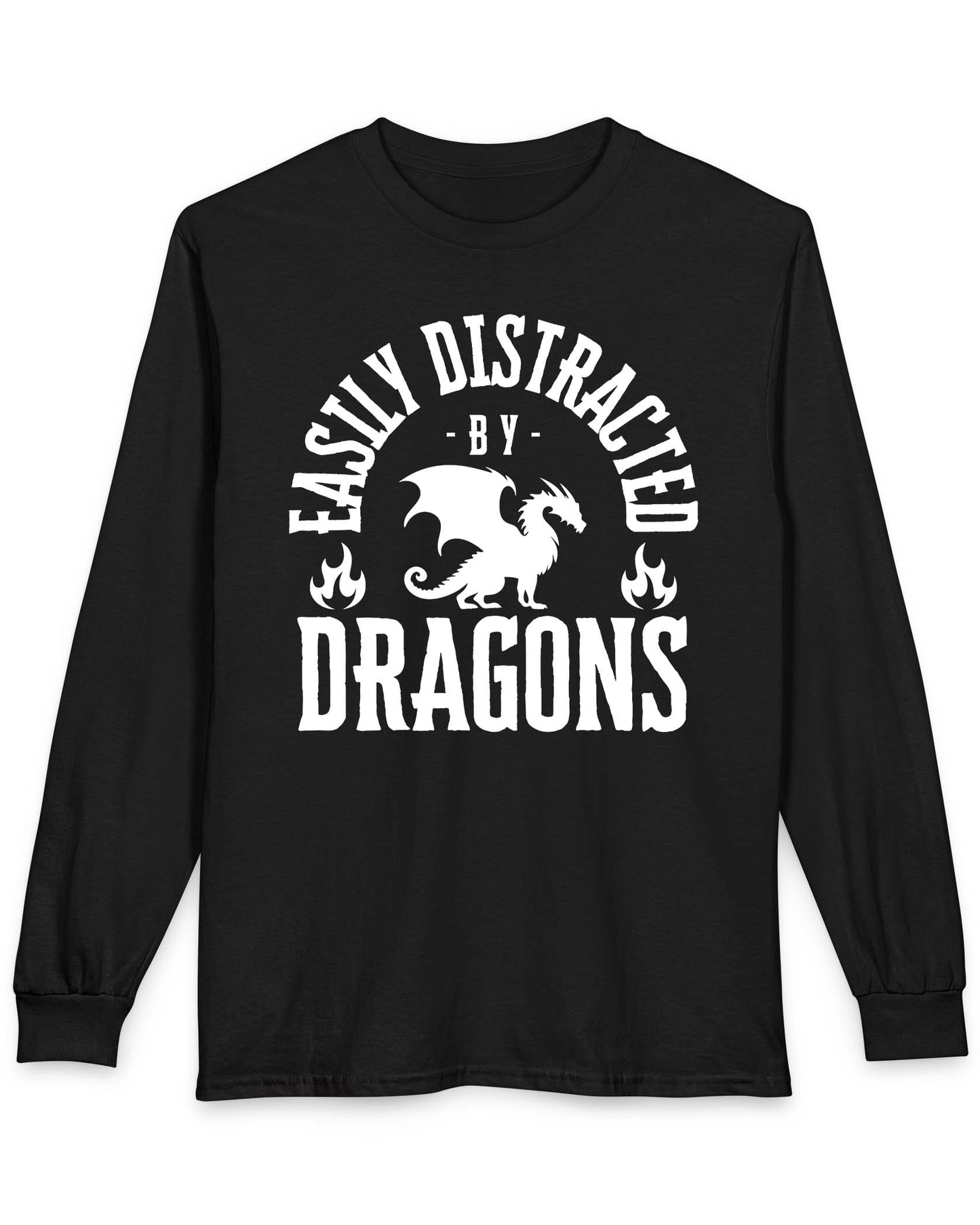 Easily Distracted by Dragons shirt in black featuring bold text with a dragon silhouette and flame icons