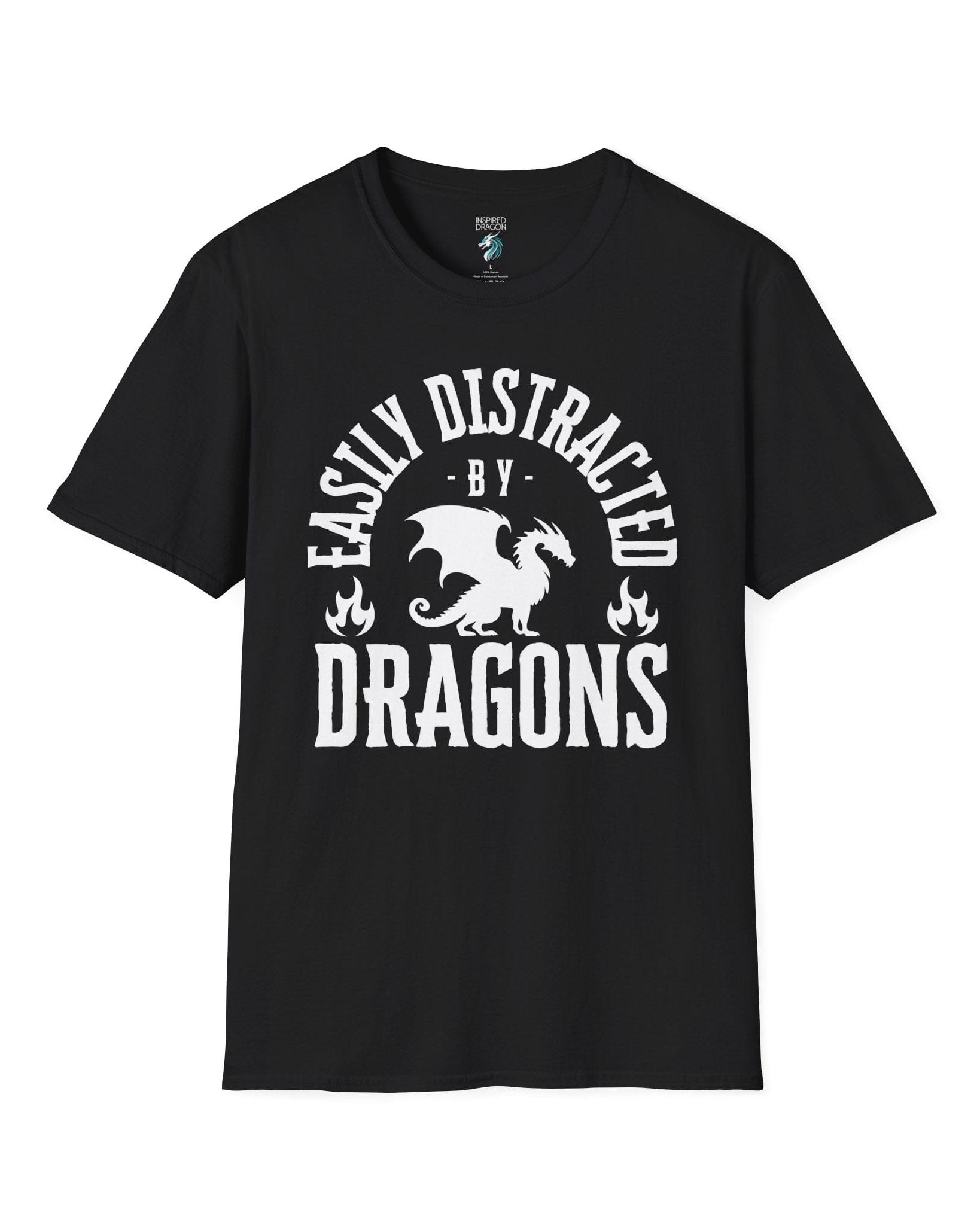 Easily Distracted by Dragons shirt in black featuring bold text with a dragon silhouette and flame icons.

