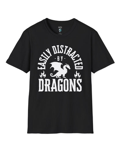 Easily Distracted by Dragons shirt in black featuring bold text with a dragon silhouette and flame icons.
